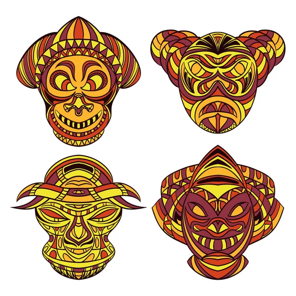 Máscara tribal. Colección de máscaras con adorno geométrico étnico. Ilustración vectorial dibujada a mano — Vector de stock