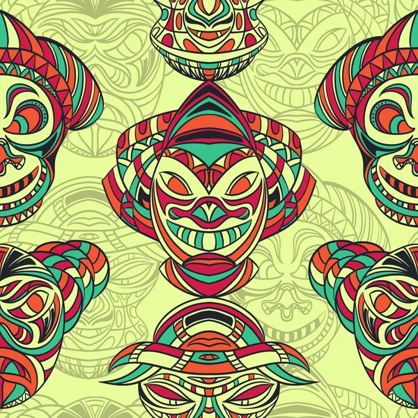 Nahtloses Muster mit einer Sammlung von Stammesmasken mit aztekischen geometrischen lateinamerikanischen Ornamenten. Retro handgezeichnete Vektor-Illustration — Stockvektor