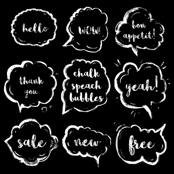 Chalk speech bubbles set with short phrases(hello, wow, bon appetit, thank you, yeah, sale, new, free). Vintage hand drawn vector illustration.Isolated elements. — Wektor stockowy