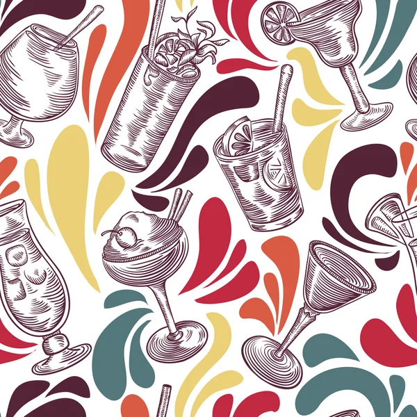 Seamless pattern with vintage cocktails and splashes . Cocktail party. Retro colorful vector illustration. — 스톡 벡터