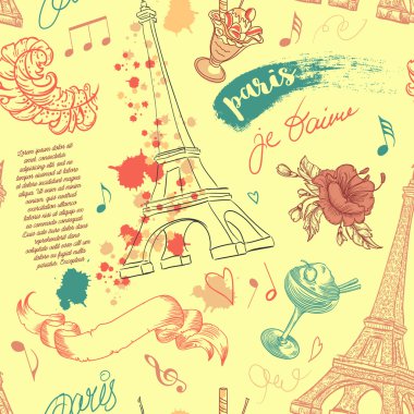 Paris. Vintage seamless pattern with Eiffel Tower, flowers, feathers, cocktails and text. Retro hand drawn vector illustration.