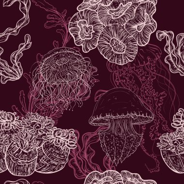 Denizanası, deniz bitki ve deniz yosunu ile Seamless modeli. Vintage elle çizilmiş vektör çizim deniz yaşamı. Yaz plaj, süslemeleri, baskı, desen dolgusu, web yüzey için tasarım