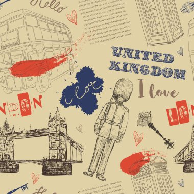 Seamless pattern with London landmark symbols. Vintage hand drawn vector illustration in sketch style.