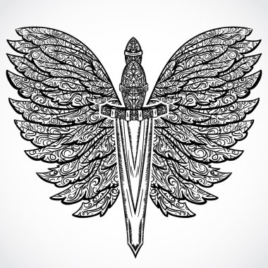 Medieval sword and ornate wings. Vintage floral highly detailed hand drawn illustration. Isolated elements. Victorian Motif. Tattoo design