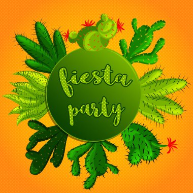 Mexican Fiesta Party Invitation with colorful succulent plants and cactuses. Vector illustration of botanical graphic set with cute florals.