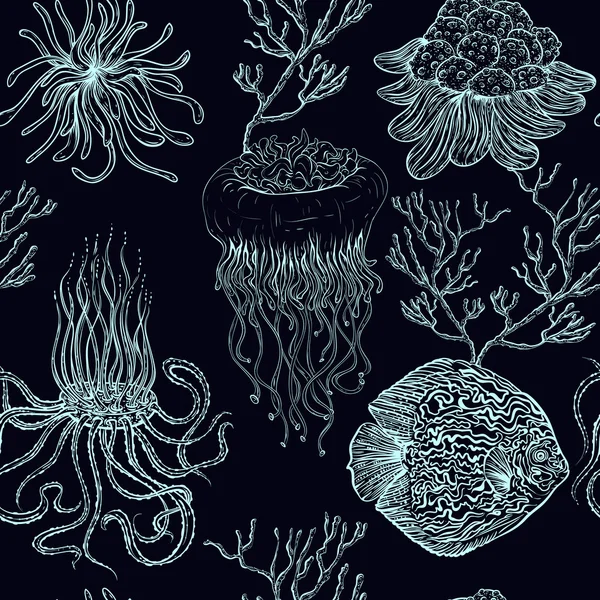 Безшовний візерунок з медузами, тропічною рибою, морськими рослинами та коралами. Вінтажна рука намальована Векторні ілюстрації морського життя. Дизайн для літнього пляжу, прикраси, друк, заповнення візерунків, веб-поверхня — стоковий вектор