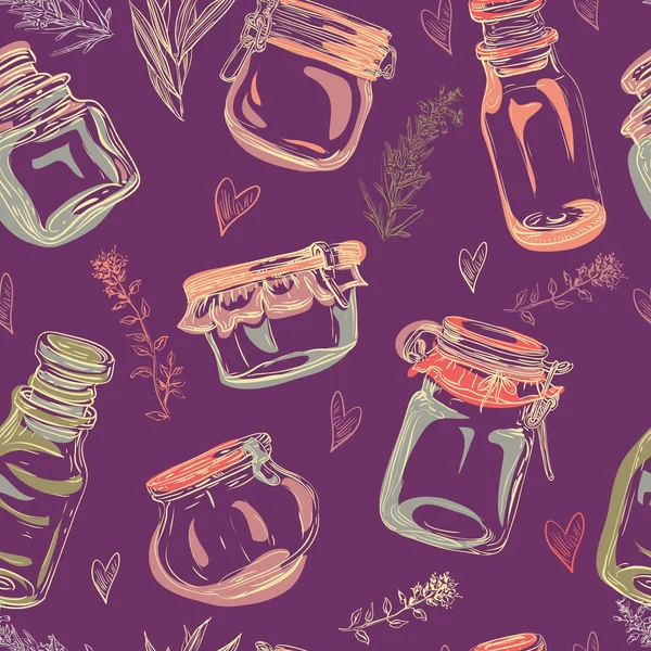 Retro seamless pattern with glass jars, hearts and branches of herbs. Vintage hand drawn vector illustration in sketch style — 图库矢量图片