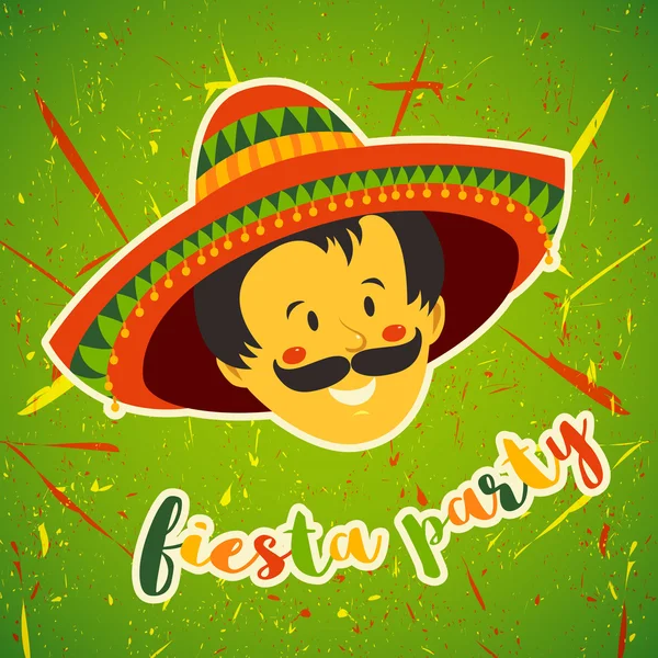 Mexican Fiesta Party Invitation with Mexican man with mustache and in sombrero. Hand drawn vector illustration poster. Flyer or greeting card template — Stock vektor