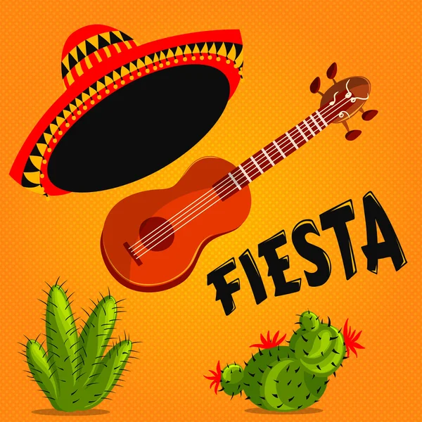 Mexican Fiesta Party Invitation with mexican guitar, sombrero and cactuses. Hand drawn vector illustration poster. Flyer or greeting card template. — ストックベクタ