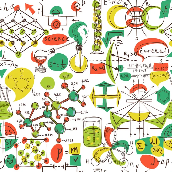 Zpátky do školy: vědecké laboratoře objektů doodle vintage styl kresby bezešvé pattern, vektorové ilustrace. — Stockový vektor