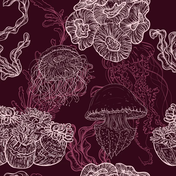 Seamless pattern with jellyfish, marine plants and seaweed. Vintage hand drawn vector illustration marine life. Design for summer beach, decorations,print,pattern fill, web surface Vector Graphics