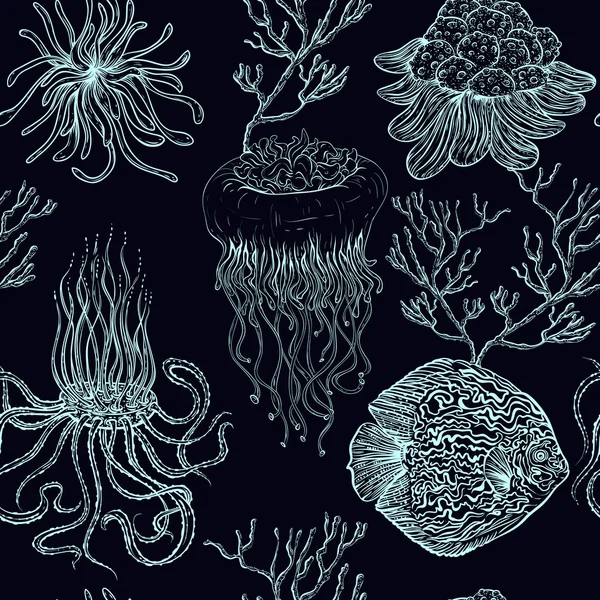Seamless pattern with jellyfish,tropical fish, marine plants and corals. Vintage hand drawn vector illustration marine life. Design for summer beach, decorations,print,pattern fill, web surface Royalty Free Stock Vectors