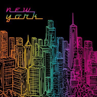 New York. Vintage colorful hand drawn night city landscape. Vector illustration in line art style