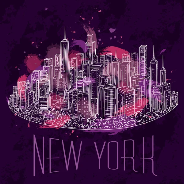 New York. Vintage kleurrijke hand getekend stad landschap. Vectorillustratie in lijn kunststijl — Stockvector