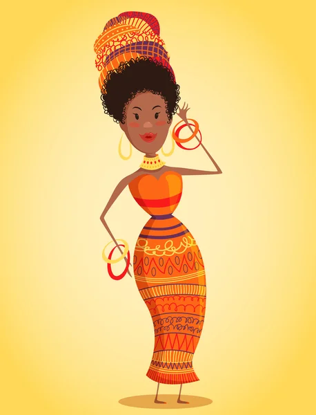 Cartoon beautiful African woman in turban and traditional costume with ethnic geometric ornament full length. Hand drawn vector illustration — Stock vektor