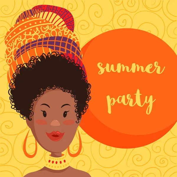 Summer party invitation design with cartoon beautiful African woman in turban with ethnic geometric ornament. Hand drawn vector illustration — ストックベクタ