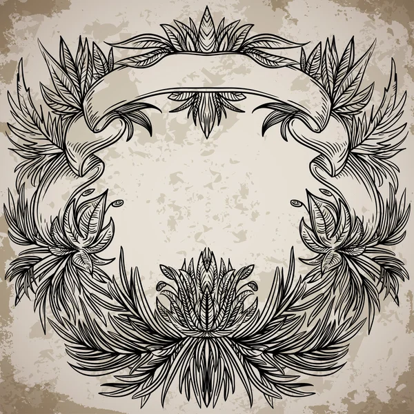 Antique border frame engraving with palm leaves and exotic flowers. Vintage design decorative element in baroque style on aged paper. Retro hand drawn vector illustration — Stockvector