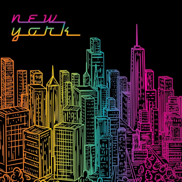 New York. Vintage colorful hand drawn night city landscape. Vector illustration in line art style Royalty Free Stock Illustrations