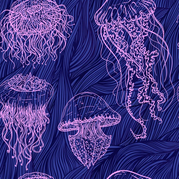 Vintage seamless pattern with collection of jellyfish. Hand drawn vector illustration of marine fauna in line art style.Design for summer beach, decorations. Royalty Free Stock Vectors