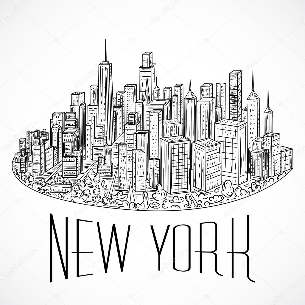 New York. Vintage hand drawn city landscape. Vector illustration in line art style