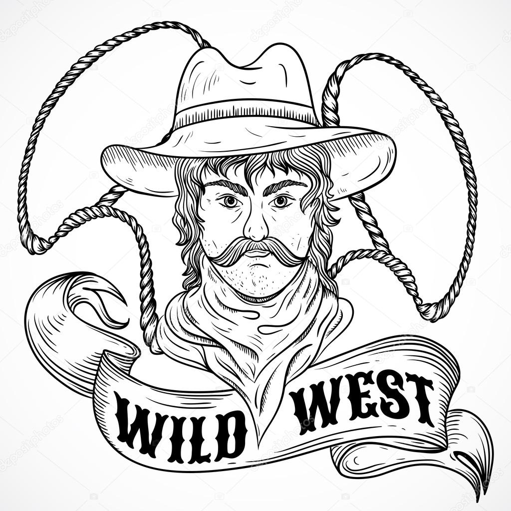Wild west. Vintage poster with cowboy, lasso and ribbon banner .Retro hand drawn vector illustration in sketch style