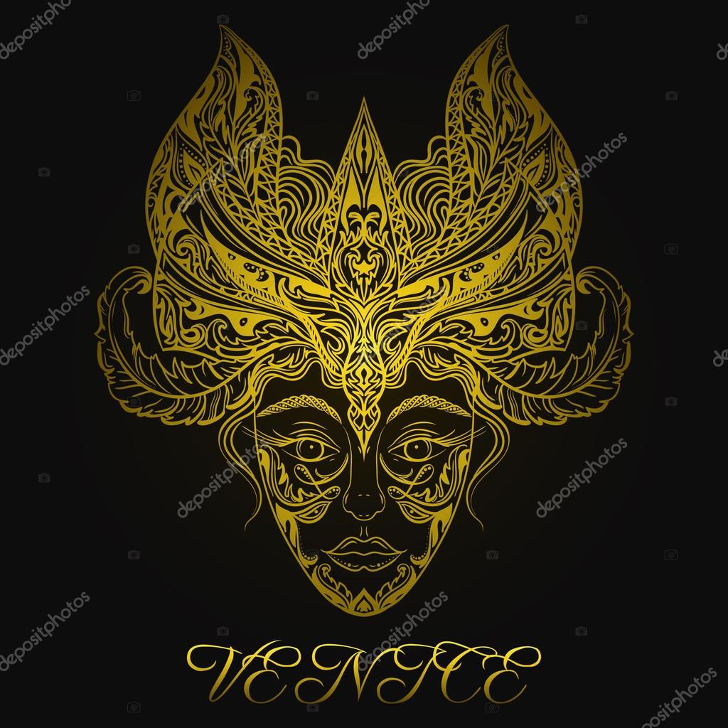 Symbol of Venice. Female face in carnival golden ornate mask. Vintage hand drawn vector illustration