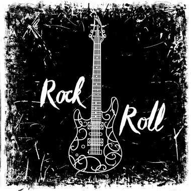 Vintage el çekilmiş poster elektro gitar ve yazı rock and roll grunge arka plan ile. Retro vektör çizim. Tasarım, retro kartı, baskı, t-shirt, kartpostal