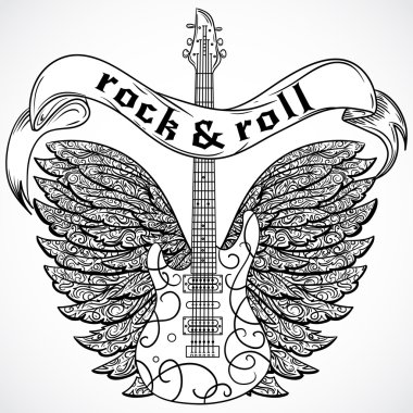 Rock and roll. Elektro gitar, süslü kanatları ve şerit afiş VINTAGE poster. Retro vektör çizim. Tasarım, retro kartı, baskı, t-shirt, kartpostal, dövme