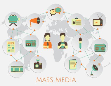 Kitle iletişim araçları gazetecilik haber kavramı düz iş ikonları/simgeleri gazete paparazzi mesleğinin infographics tasarım web öğeleri bir arka plan harita dünya için radyo canlı