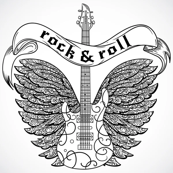 Rock "n" Roll. Vintage-Poster mit E-Gitarre, verzierten Flügeln und Bandbanner. Retro-Vektorillustration. Design, Retro-Karte, Druck, T-Shirt, Postkarte, Tätowierung — Stockvektor