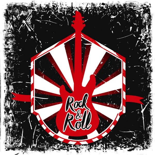 Vintage el çekilmiş poster elektro gitar ve yazı rock and roll grunge arka plan ile. Retro vektör çizim. Tasarım, retro kartı, baskı, t-shirt, kartpostal