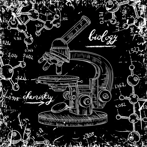 Mikroszkóp. Vintage tudományos laboratórium. Vektor kézzel rajzolt ábrán vázlat stílusú, grunge, háttér — Stock Vector