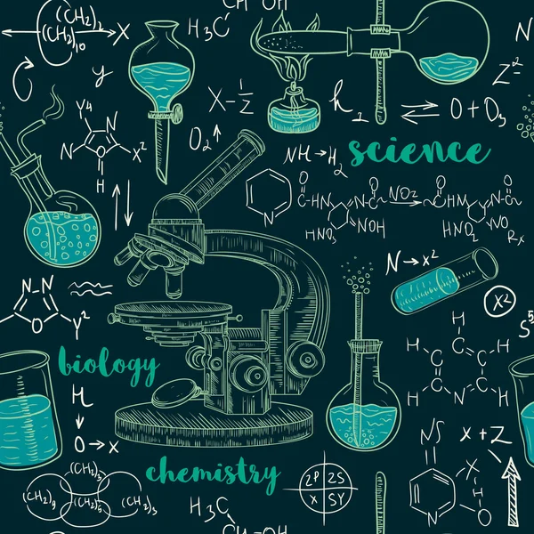 Vintage patrón sin costura antiguo laboratorio de química con microscopio, tubos y fórmulas. Vector retro ilustración dibujada a mano en estilo de boceto — Vector de stock