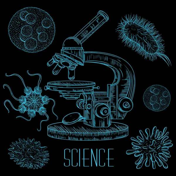 Set de laboratorio de ciencia vintage con microscopio y microbios y virus. Ilustración dibujada a mano aislada vectorial en estilo de arte lineal — Archivo Imágenes Vectoriales