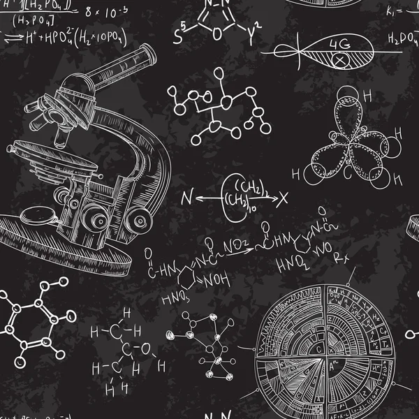 Вінтажний безшовний візерунок старої лабораторії хімії з мікроскопом і формулами. Векторна ретро-рука намальована ілюстрація в стилі ескізів — стоковий вектор