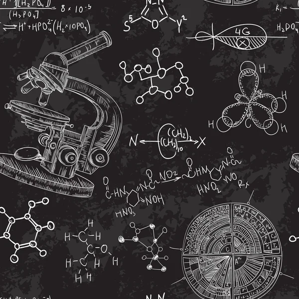 Vintage sem costura padrão antigo laboratório de química com microscópio e fórmulas. Vector retro mão desenhada ilustração no estilo esboço —  Vetores de Stock