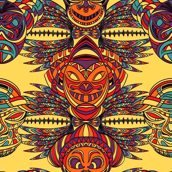 Patrón sin costuras con máscara tribal y adorno geométrico latino americano azteca. Ilustración vectorial dibujada a mano — Vector de stock
