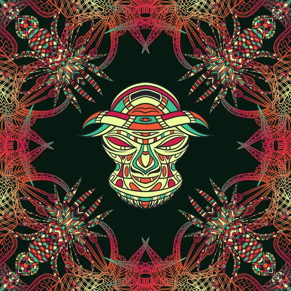 Patrón sin costuras con máscara tribal y adorno geométrico latino americano azteca. Ilustración vectorial dibujada a mano — Vector de stock