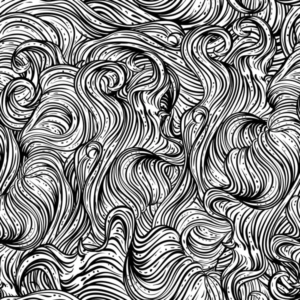 Abstrakta sömlösa mönster med vågigt hår. Svart och vit hand dras vektor illustration i line art stil — Stock vektor
