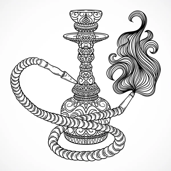 Hookah with oriental ornament and smoke.Vintage vector hand drawn illustration — Stock Vector