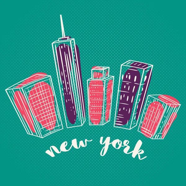 Nueva York. Vintage colorido dibujado a mano paisaje de la ciudad. Ilustración vectorial en estilo de arte en línea — Archivo Imágenes Vectoriales