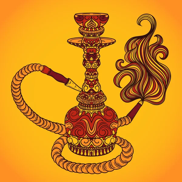 Hookah com ornamento oriental e smoke.Vintage colorido vetor mão desenhada ilustração —  Vetores de Stock