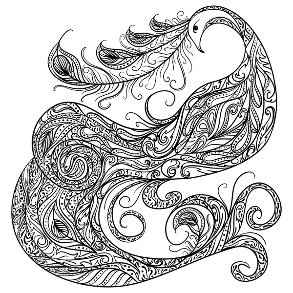 Un paon. Oiseau fantaisie vintage avec ornement. Illustration vectorielle dessinée à la main en noir et blanc . — Image vectorielle