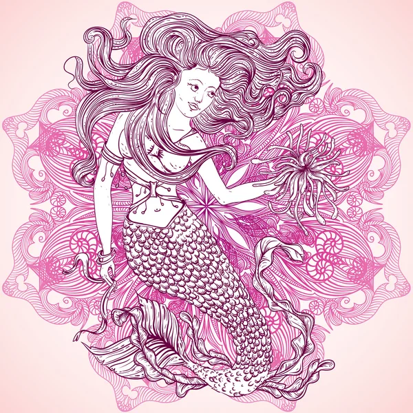 Sereia com cabelo bonito e plantas marinhas sobre mandala ornamentado padrão redondo. Arte da tatuagem. Banner retrô, convite, cartão, t-shirt, saco, cartão postal, poster.Vintage mão desenhada ilustração vetorial — Vetor de Stock