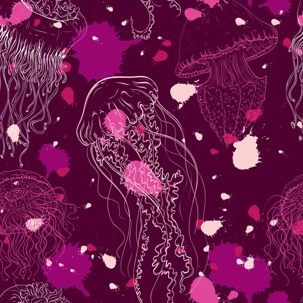 Vintage seamless pattern with collection of jellyfish. Hand drawn vector illustration of marine fauna in line art style.Design for summer beach, decorations. Royalty Free Stock Vectors