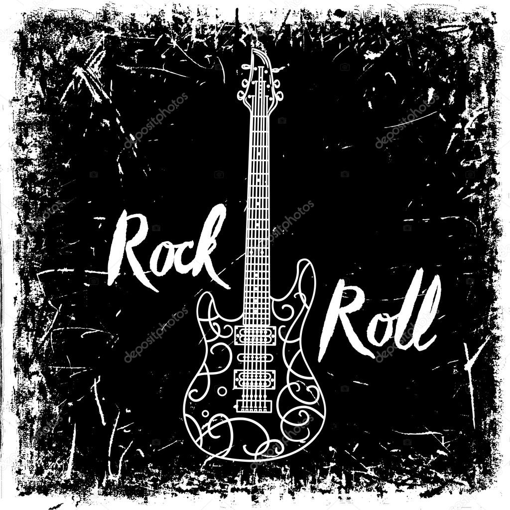 Vintage hand drawn poster with electric guitar and lettering rock and roll on grunge background. Retro vector illustration. Design, retro card, print, t-shirt, postcard