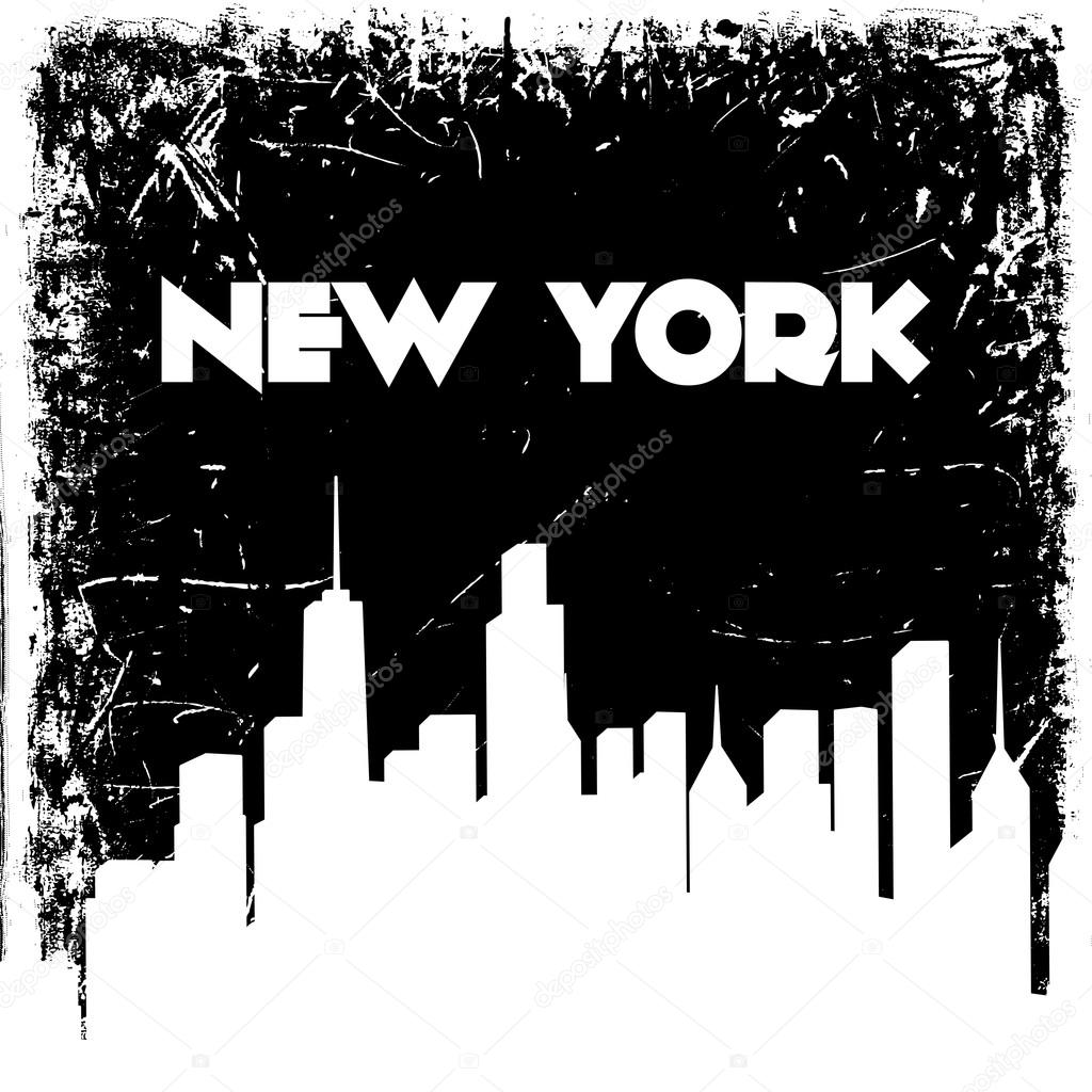 New York city skyline silhouette on grunge background. Vector hand drawn illustration. Design retro card, print, t-shirt, postcard
