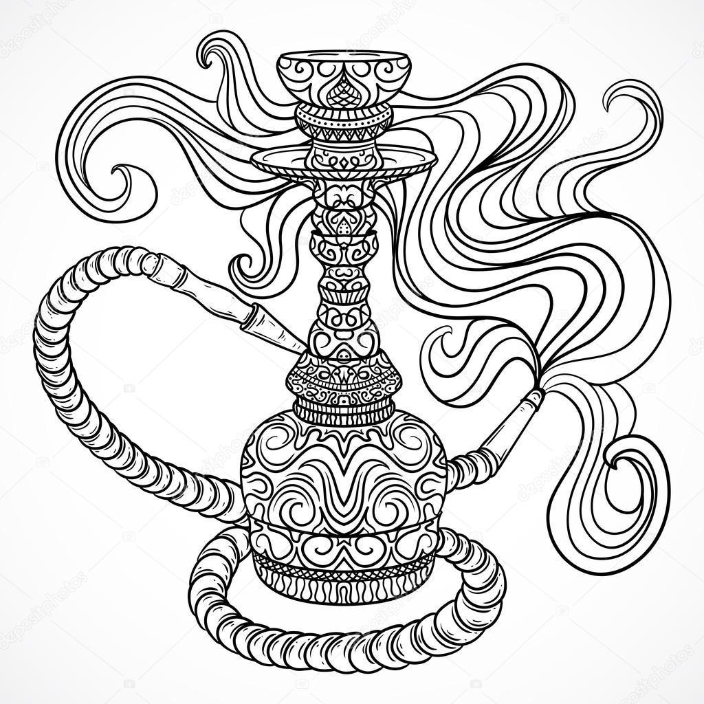 Hookah with oriental ornament and smoke.Vintage vector hand drawn illustration