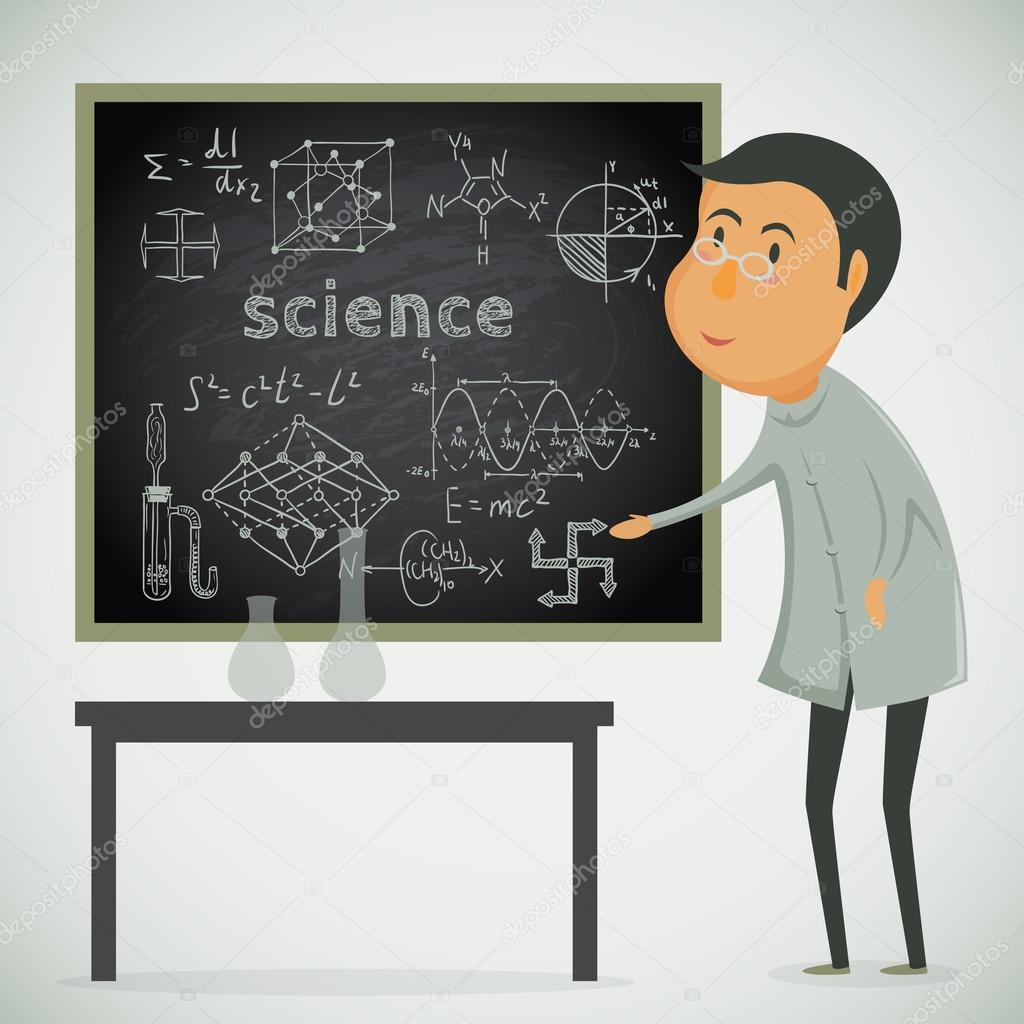 Scientist with chalk board in laboratory. Vector cartoon illustration