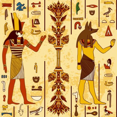 Seamless pattern with egyptian gods and ancient egyptian hieroglyphs on grunge aged paper background. Retro hand drawn vector illustration clipart